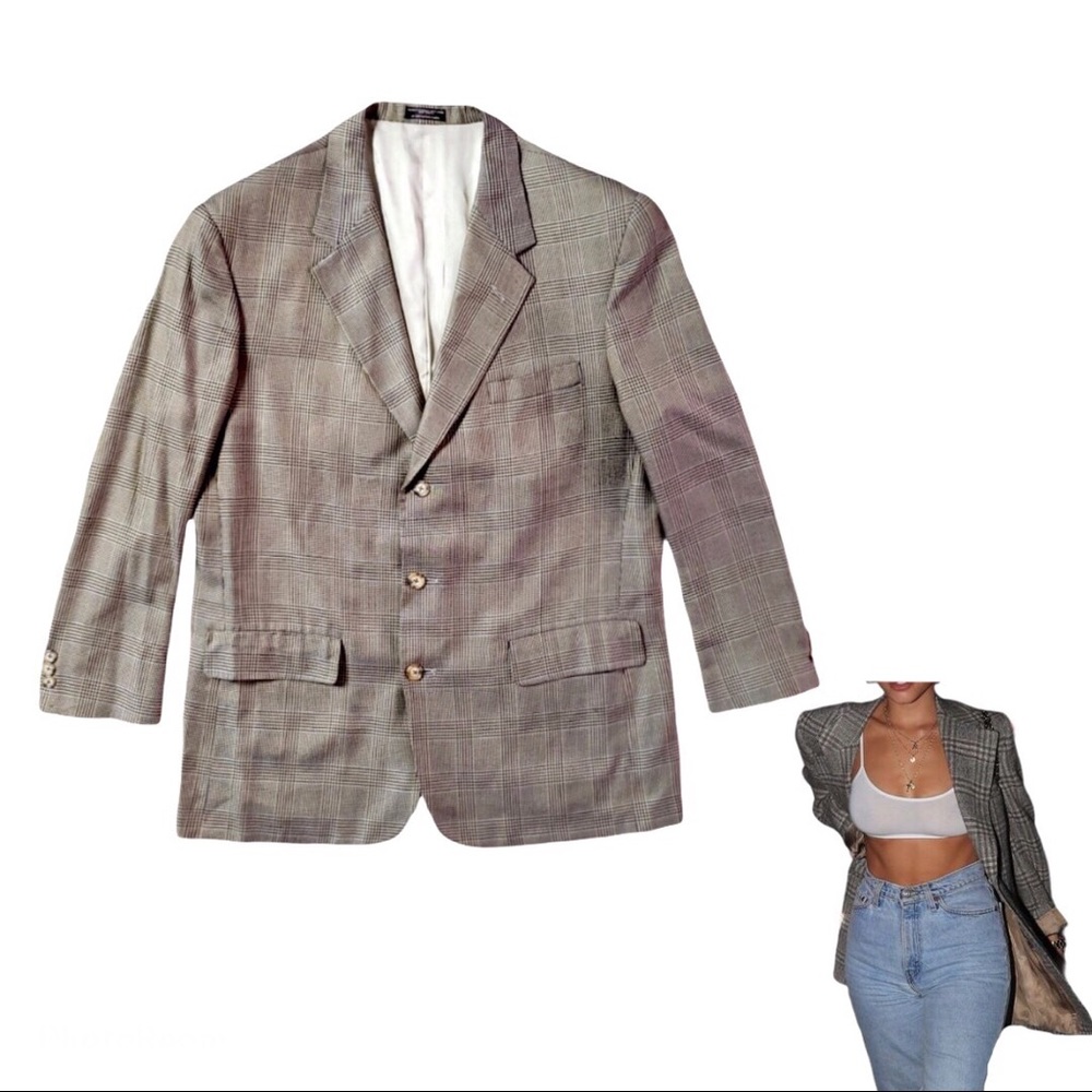 brown plaid oversized boyfriend blazer